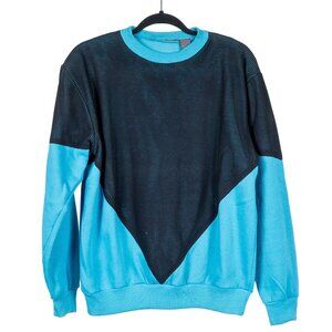 Edison Brothers VTG Sweatshirt L Mens Crewneck Aqua Black Mesh Colorblock 80s